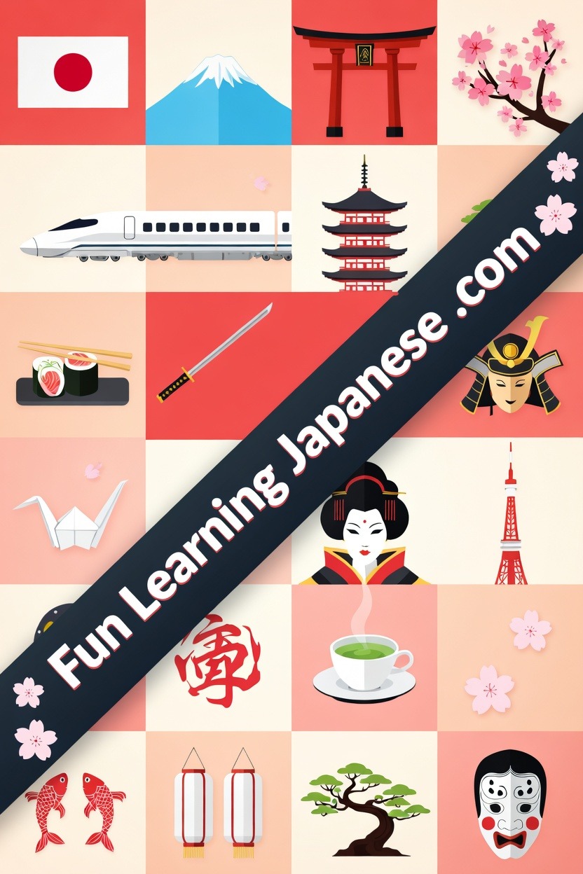 Japanese cultural icons: flag, Fuji, torii, shinkansen, and pagoda
